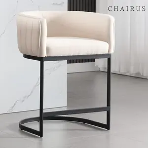 CHAIRUS  Modern Bar Stools, 24'' H Counter Height Bar Stools, Barrel Counter Stools with Backrest,Linen Fabric Upholstered Accent Bar Stools for Kitchen Island, Dining Room,Cafe,Bar Chairs with Black Metal Legs and Footrest,Beige