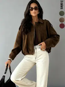 Fall Winter Women's Vintage Coffee Brown Suede Bomber Jacket - Faux Leather Option, Long Sleeve Single Breasted, Short Loose, Windproof with Pockets & Metal Buttons for Casual Outdoor Outerwear