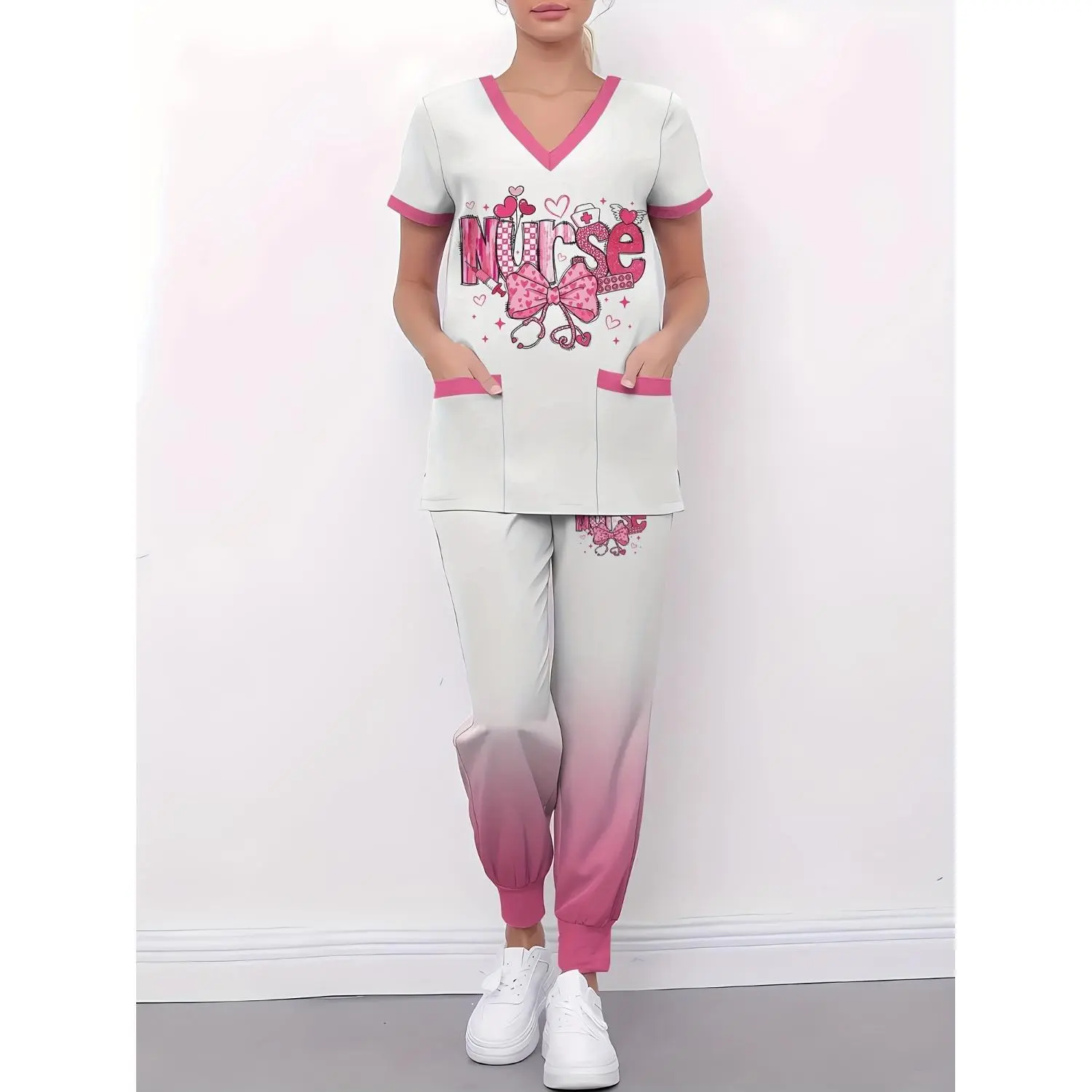 National Nurses Day - Festive Letter Print V-neck Two-Piece Women's Scrub Set, Including Functional V-neck Scrub Top and Pants