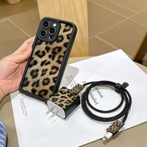 6 Piece Set Leopard Print Phone Case, Charger Head Cover, Cable Protector, Storage Rope, Data Line Protection, Fits iPhone 6-17 Pro Max