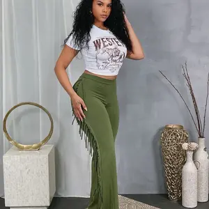 Side Fringe Pants - High Waist Wide Leg Trousers with Vibrant Color and Fringe Detail for Stylish Outfits