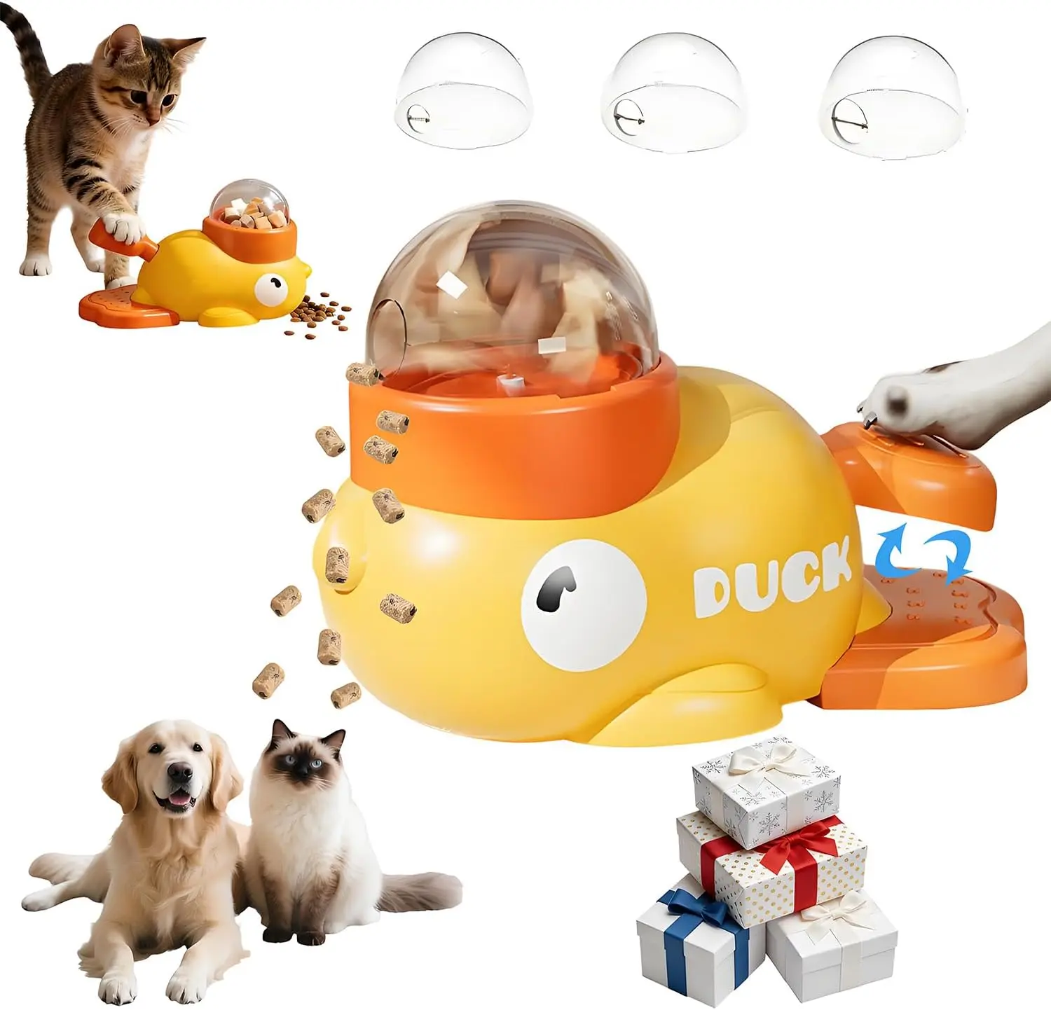 Cat Puzzle Treat Dispenser, Puzzle Feeder Dog Treat Dispenser Toy, Duck Pet Feeder, Slow Feeder Dog Bowls, 3 Sizes of Lids, Duck Treat Dispenser, IQ Training and Exercise for Cats and Dogs