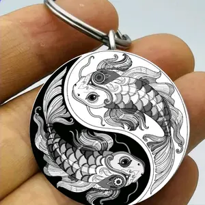 koi fishes ying yan art engraved Keychain