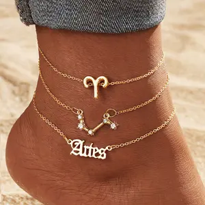 Alloy Inlaid Rhinestone Women'S Zodiac Ankle Chain, Spring And Summer, 3pcs of Beach Barefoot Accessories, Suitable for Vacations, Parties, Dates, Music Festivals