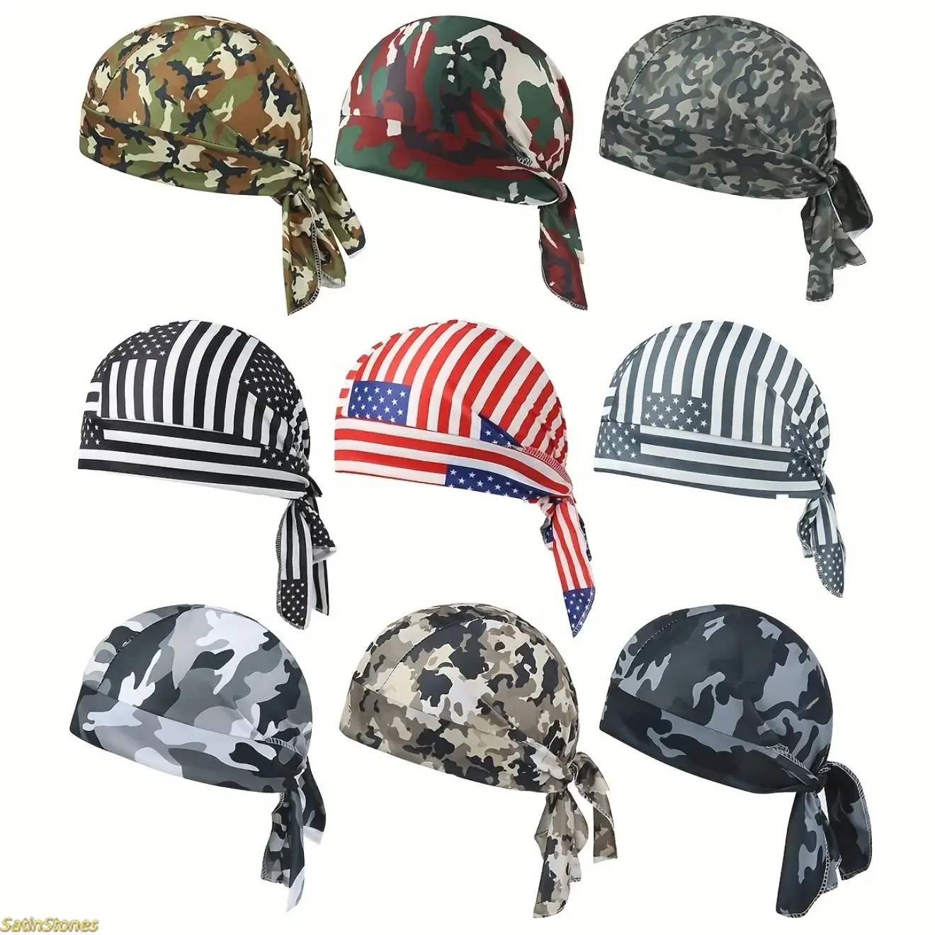 9-Pack Plain, Camo & US Flag Print Headbands for Adults, Unisex Polyester Head Wraps, Cooling & Moisture-Wicking for Sports & Running, Cotton, Breathable, Sports Headband, Sweat Wicking Headband