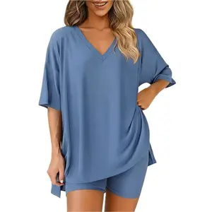 Women's 2 Piece Outfits Summer Oversized V Neck T Shirts and Biker Shorts Set Casual Loungewear Matching Tracksuits