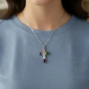 Elegant Multicolor Gemstone Cross Necklace