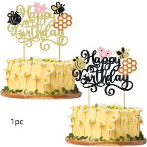 1 Pack Happy Bee Day Cake Topper Bumble Bee Happy Birthday Cake Decoration for Bee Theme Birthday Party Cake Decorations Supplies