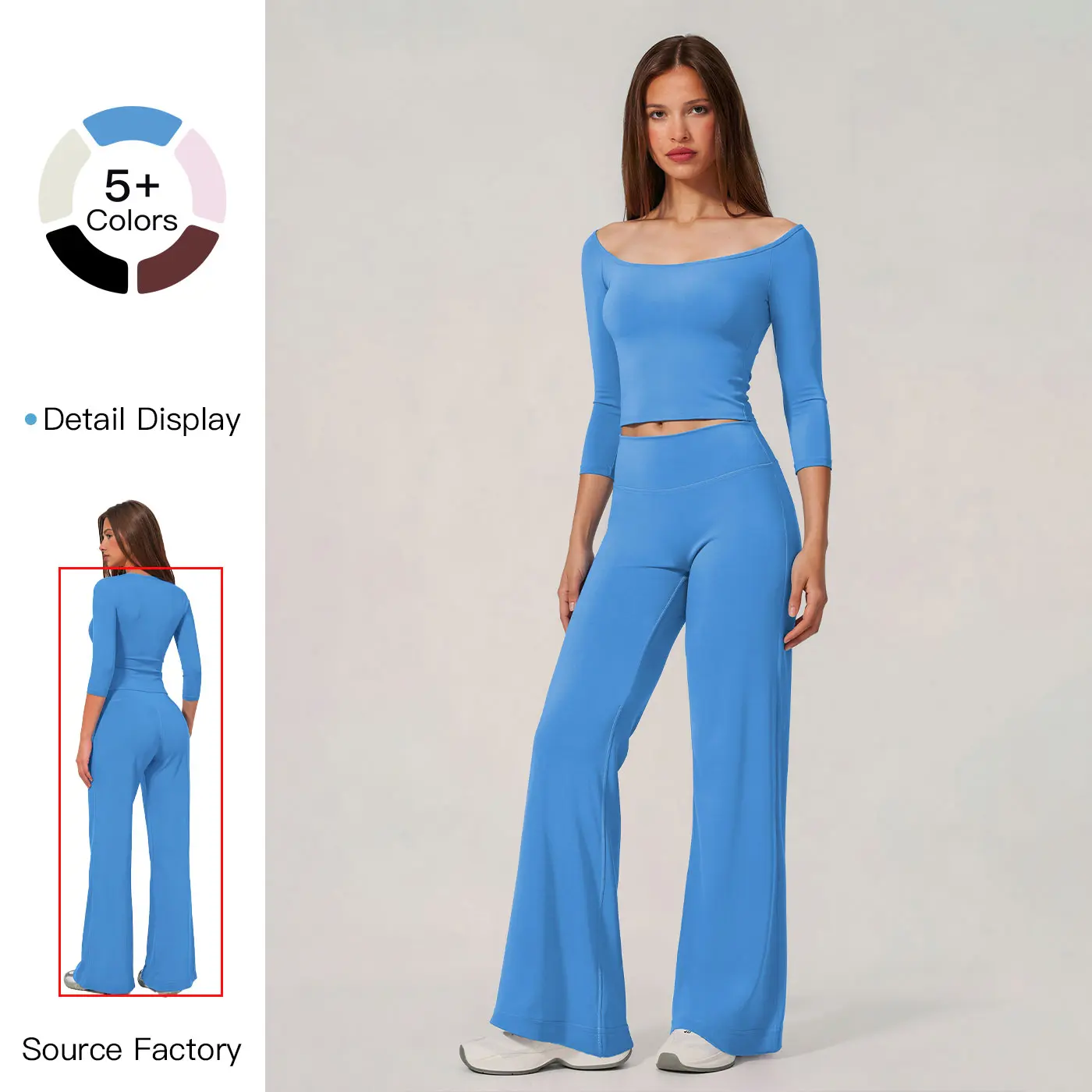 Women's Sky Blue Off-Shoulder 2-Piece Sports Set - High-Stretch Second-Skin 3/4-Sleeve Cropped Top + High-Waisted Drapey Slightly Flared Polyamide Yoga Pants (Tummy-Flattening, Bulge-Concealing, Leg-Lengthening) for All-Season Dance