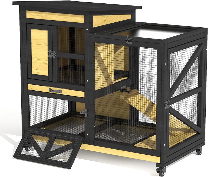TIMHAKA 46.7" Elevated Rabbit Cage with Run Indoor & Outdoor Use Wooden Design 2 Removable Tray Waterproof Roof 4 Metal Wheels for Small Medium Animals
