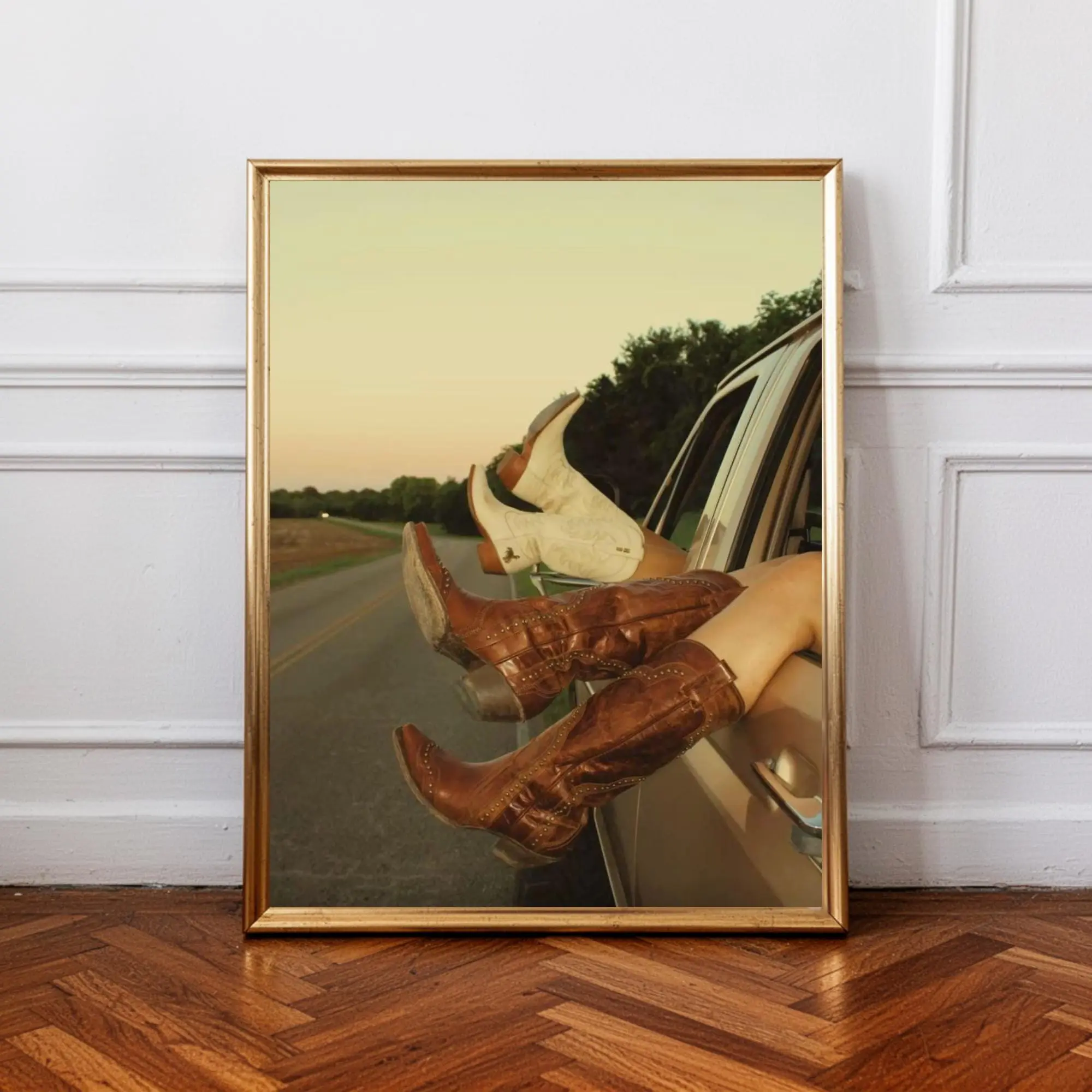 [Sale Up To 50%][No frame, Free Ship] Cowgirl Boots Poster, Western Sunset Poster, Country Travel Wall Poster Print, Vintage Americana Lifestyle Poster, Boho Western Roadtrip art