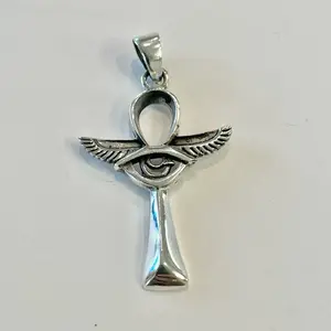 Sterling Silver 925 Egyptian Ankh Cross with Protective Wings and Eye Oxidized Pendant