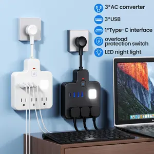 Joytutus US Plug Power Strip with 3 USB Ports & 1 Type-C Charging Port LED Night Light Surge Protector Wall Mountable for Home Car Travel