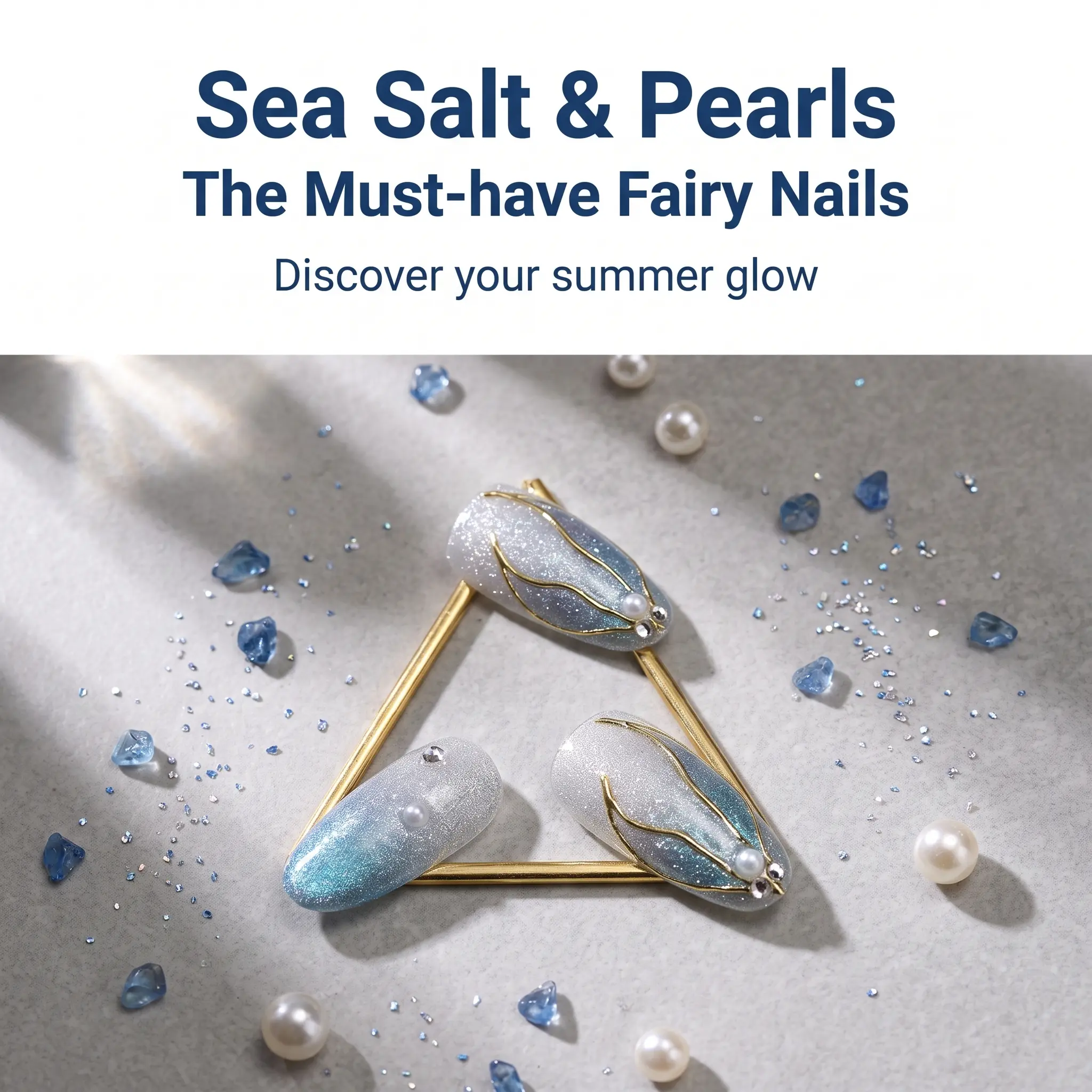 Zatvios Frost Blue Gradient Jelly Stick On Nails Inlaid Pearls Gold Line Coffin Nails Soft Ocean-Inspired Reusable Salon Manicure