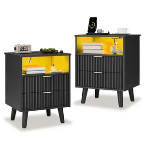 2PCS Modern Nightstand Bedside Table - Black LED Bedside Table with Charging Station and Fluted Panel