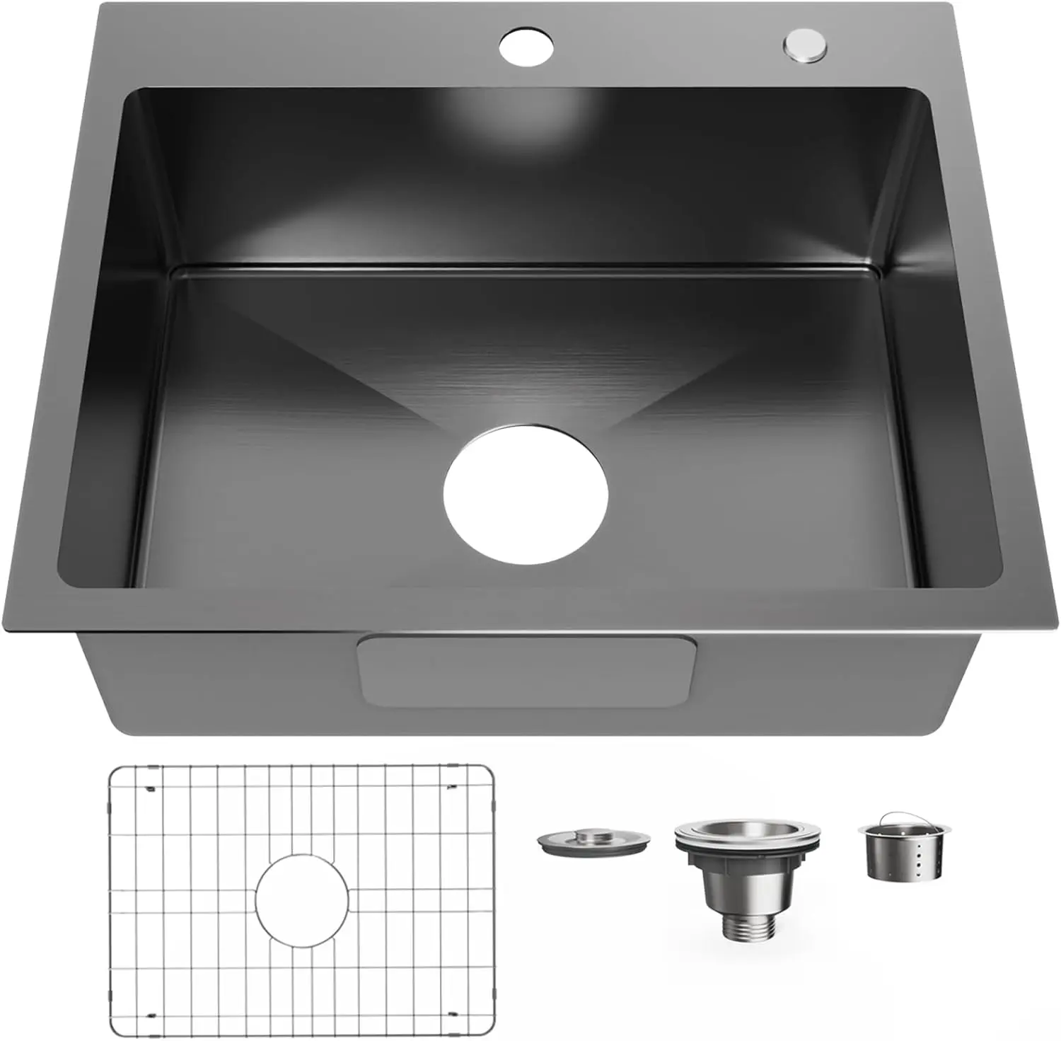 Bathenum 22" x 18" Drop in Kitchen Sink 304 Stainless Steel Single Bowl Topmount Bar Sink with Drain Kit and Bottom Grid, Black