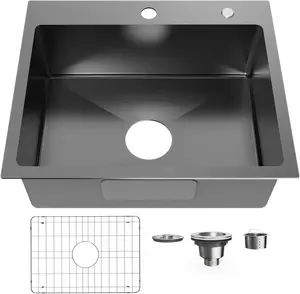 Bathenum 22" x 18" Drop in Kitchen Sink 304 Stainless Steel Single Bowl Topmount Bar Sink with Drain Kit and Bottom Grid, Black