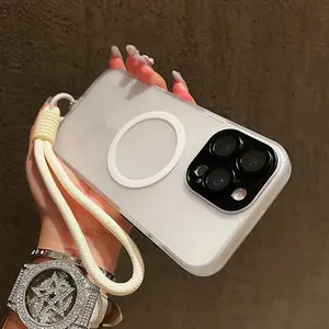 Transparent Frosted Skin Feel Magnetic Lens-included Glass Phone Case with Wristband, Compatible with iPhone 17 / 17 Air / 16 / 15 / 14 / 13 / 12 / 11 Pro Max Plus, Shockproof and Magsafe Wireless Charging Ready (Unisex)