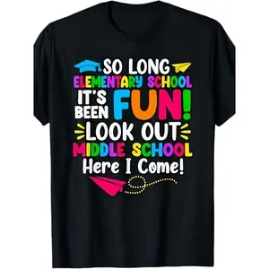 "So Long Elementary School, Look Out Middle School" Elementary Graduation Graphic T-Shirt, Colorful Kid Outfit, Comfort Cotton Oversized Tee, Fashion Casual Top, Perfect Gift for 5th Grade Graduate, Graduation Party, Back to School