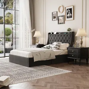 Full Bed Frame with 4 Storage Drawers & Wingback Headboard, USB/Type-C Charging Station, Diamond Tufted Design, No Box Spring Needed, Grey