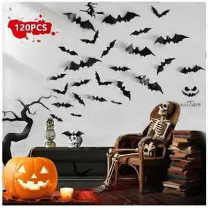 120pcs Halloween Bats Decorations Outdoor Indoor, Halloween Party Supplies, 3D Bat Stickers for Wall Window Home Kitchen Scary Decor (4 Sizes, Black)