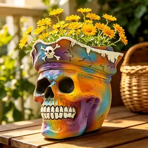 Funky Skull Planter, Pirate Skeleton Flower Pot for Plant Lover Gift, Small Decorative Psychedelic Figurine for Trippy Room Shelf Desk Boho/ Pop Art/ Streetwear/ Dark Academia
