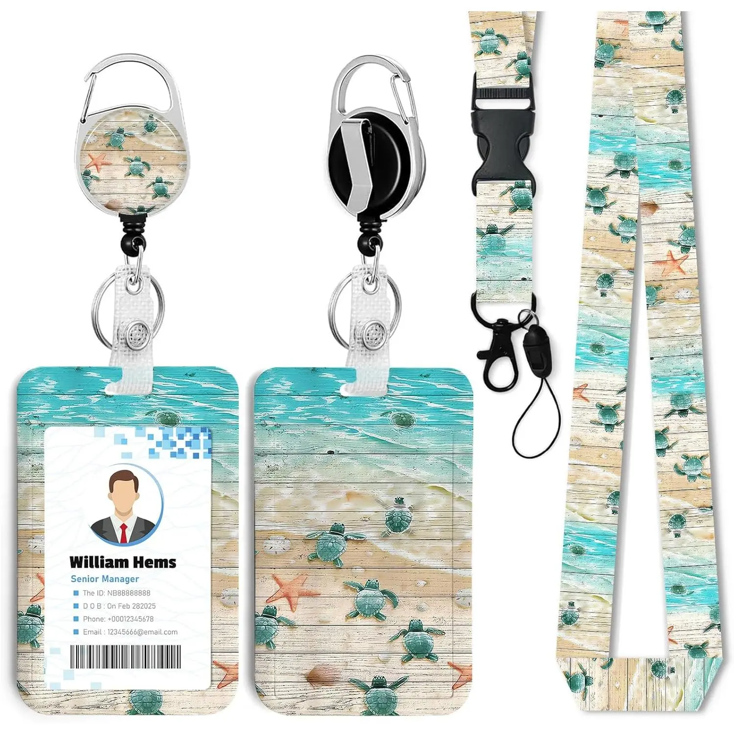 Sea Turtle ID Badge Holder with Breakaway Lanyard &Heavy Duty Retractable Reel-360?Rotating Carabiner  for Women Students,Teachers, , Office Use 17