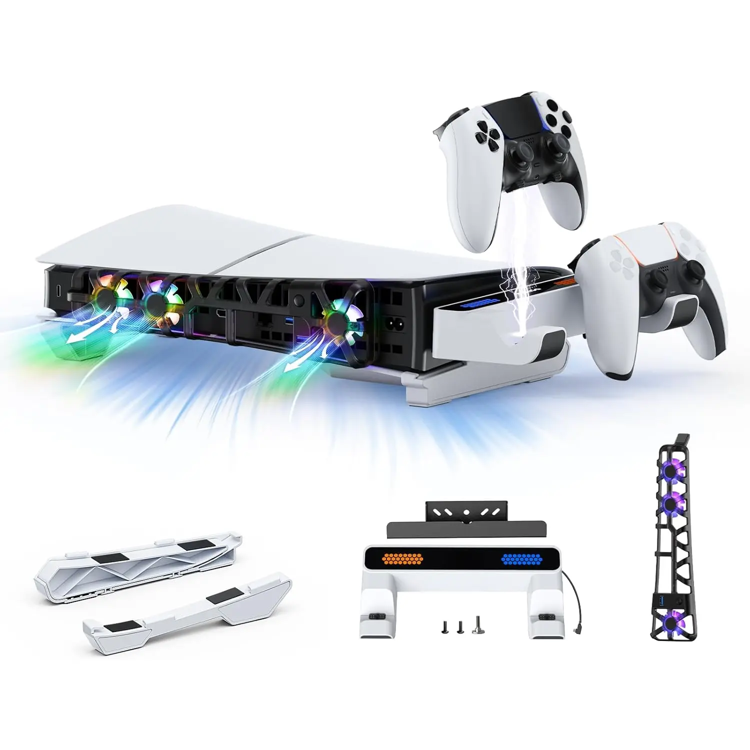 PS5 Slim Horizontal Stand with Charging Station for Dual_Sense&Dual_Sense Edge Controllers,Silent Cooling Fan w/Intelligent Temperature Control, LED Indicators, White