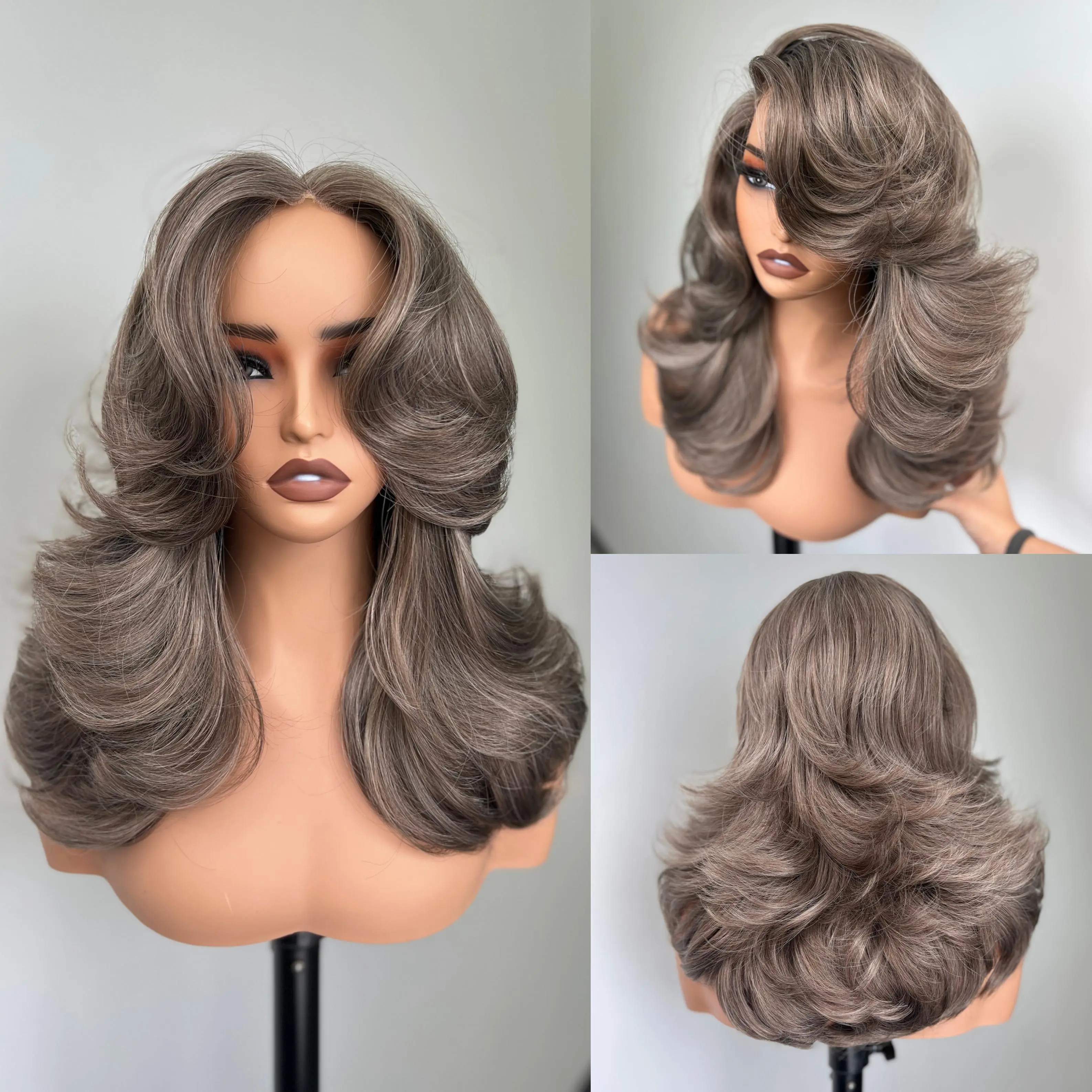 [Choppy Layers] Detroit Layers Summer Vibe Beginher Hair 18 inches Heat Resistance 200% Density Butterfly Cut Middle Part 4x4x1 T-Part Lace Synthetic Wear Go Beginner Pre Cut Glueless Wig Ash Brown Gray