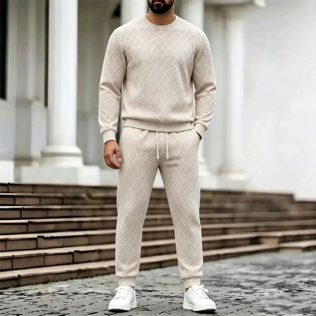 Wrinkle Resistant Shape Retaining Cream White Knitted Men Co Ord Set Classic Crew Neck Long Sleeve Top Slim Cuffed Drawstring Pants Elegant Daily Matching Suit Suitable For Light Business Errands Outdoor Stroll All Match Male Tracksuit