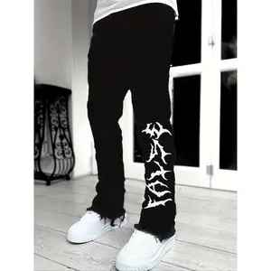 Men’s slim-fit stretch flare jeans with letter print, comfortable denim for all seasons, stylish streetwear for modern men