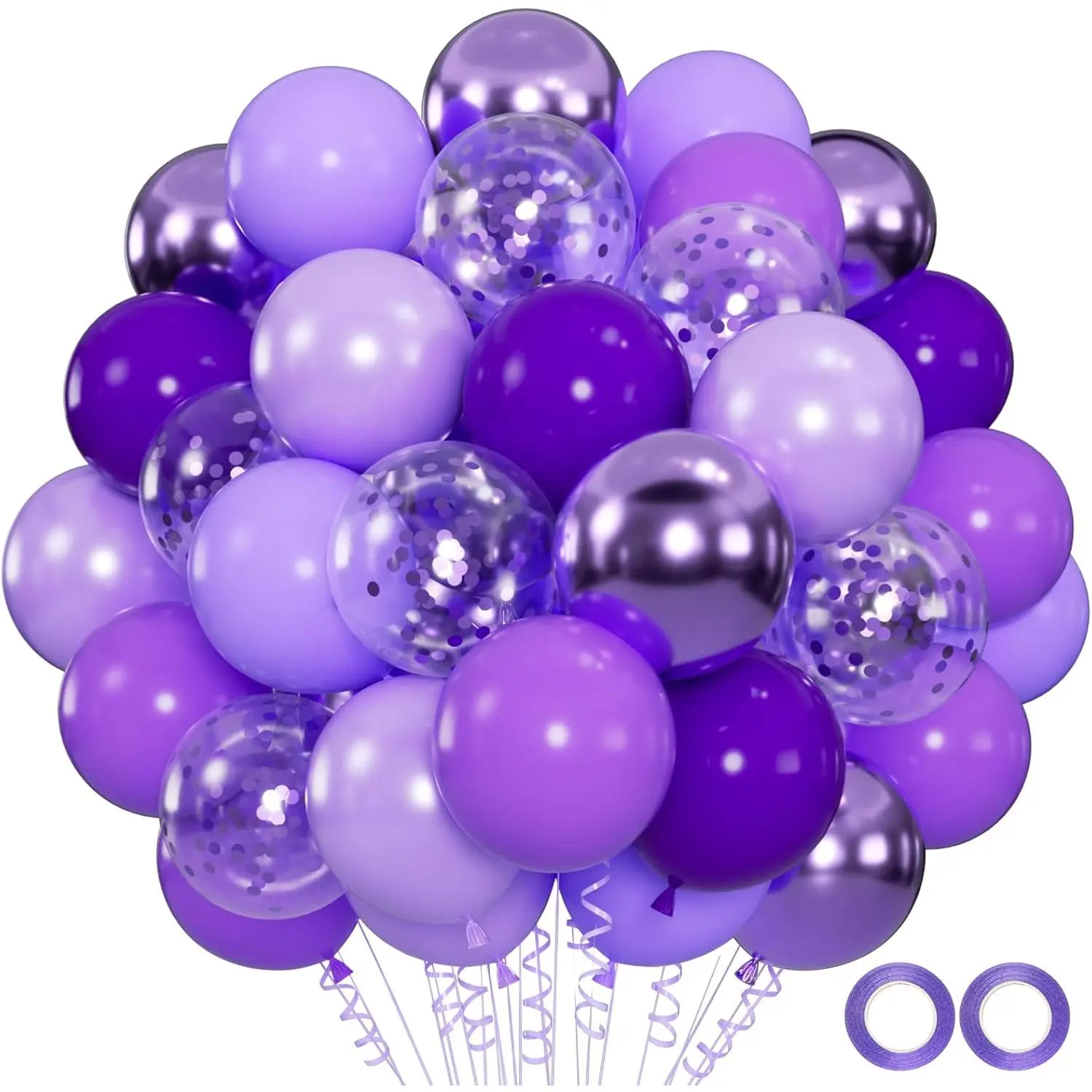 100pcs Purple Balloon Bouquet Kit - 12in Metallic Chrome, Lavender Lilac, Pearl & Flower Balloons with Confetti, Magical Light & 66ft Ribbons for Wedding, Princess Birthday Parties