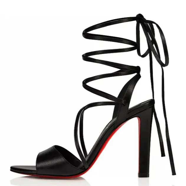 AMINUGAL Black Strap Heels with Red Sole and High Heel Design for Women