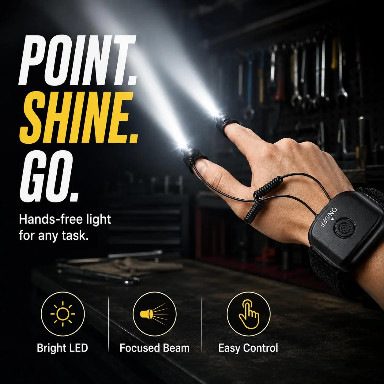 Hands Free LED Finger Flashlight, USB Rechargeable Wrist Light with 2 Adjustable Finger Lights, Portable Work Light for Car Repair, Camping, Fishing, Hiking & DIY