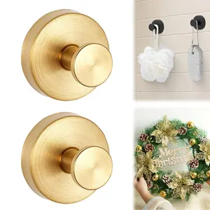 2 Pack No-Drill Suction Cup Hooks Wreath Hangers for Front Doors Metal Towel Hooks for Showers Bathrooms Mirrors Gold Finish