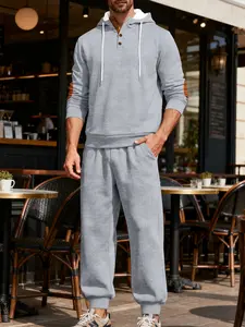 Two-piece men's textured drawstring button-up hoodie and elastic waistband sport pants, regular fit casual long sleeve hoodie and ankle- pants, suitable for autumn and winter wear, men's slim-fit suit.