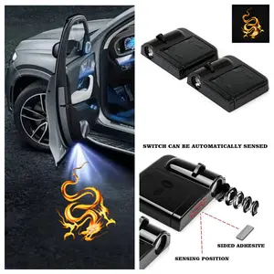 4 Pcs Universal Car Door Projector Lights, Chinese Style Flame Dragon Logo LED Car Welcome Courtesy Lights, Car Light Embellishments. Waterproof, no drilling required, stick and play for non-destructive installation.