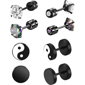 Black Earrings for Men, 4 Pairs Surgical Steel Earrings,  Stud Earrings, Mens Black Earrings Set Studs Earrings Clip on Earrings Non Piercing for Men Women ER90