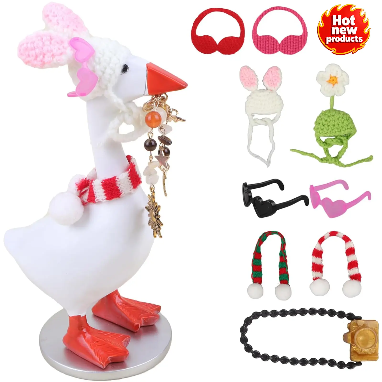 7-in Desk Mini Goose Key Organizer - Resin Magnetic Statue with 4 Outfits, Cute Decoration Hanger Hook for Home Office Table, Housewarming Gift Figurine