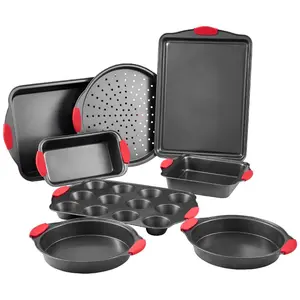 VEVOR Baking Pans Set, 8-Piece, Nonstick Carbon Steel Cookware Sheets Trays, Stackable Kitchen Oven Bakeware Cooking Sets with Silicone Handles, Easy to Clean, for Baking Cookie Cake Muffin Bread