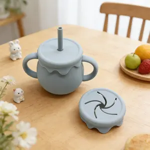 Two-In-One Water Cup, Baby Feeding Straw Learning Cup, Sippy Cups with Two Lids, Snack Cup, Silicone Material, Ideal for Infants & Toddlers