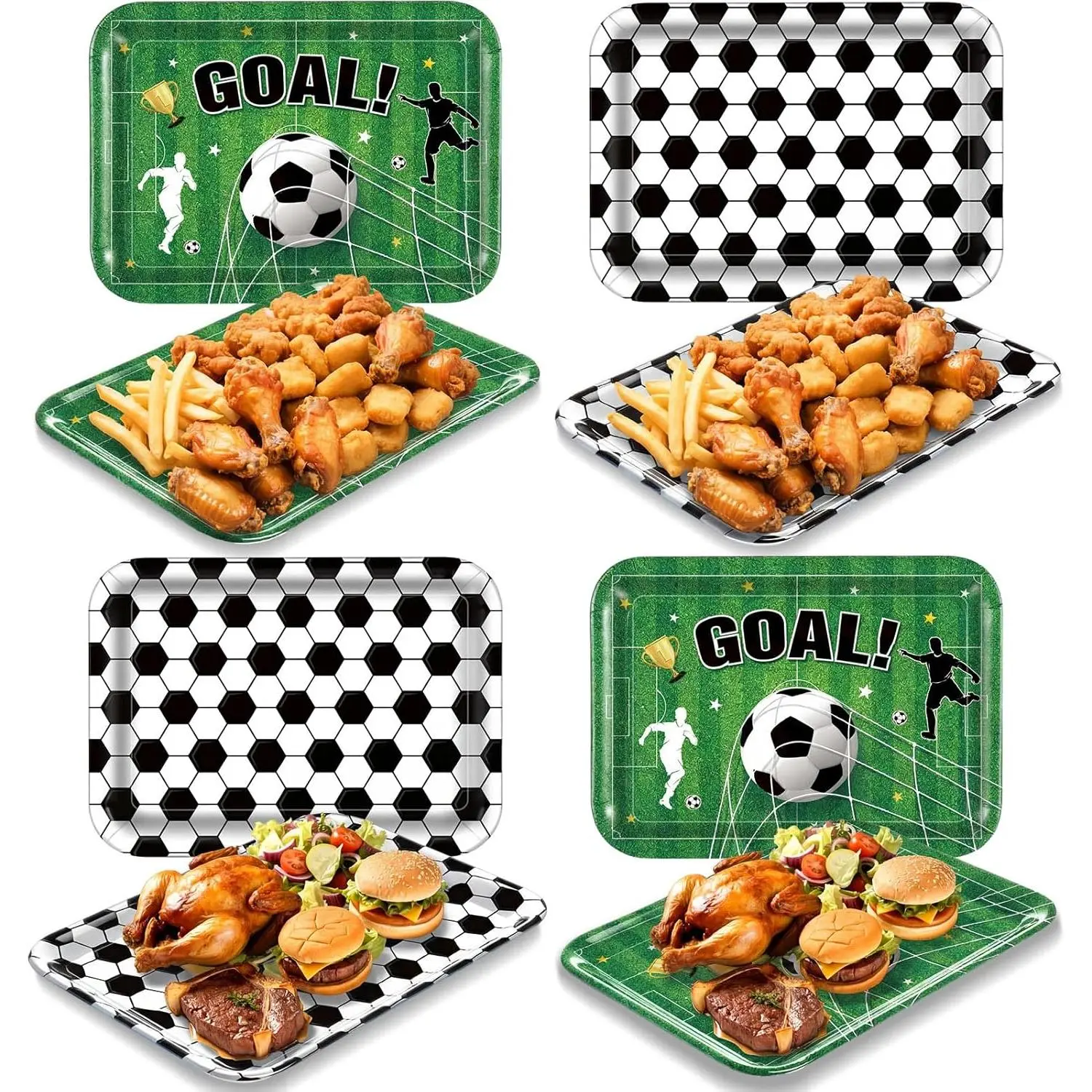 4 Pack Soccer Melamine Serving Trays, 13 x 10 in Rectangular Serving Platters with Goal Field & Ball ,  Snack Appetizer Dessert Trays for  Day Parties, Easy Clean