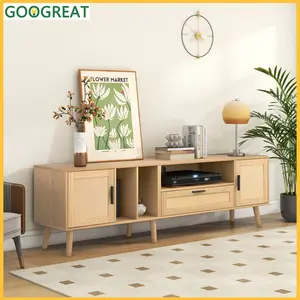 [GOOGREAT]Multimedia TV Desk, TV Cabinet Rattan TV Stand With 2 Cabinets & 2 Open Shelves, Rattan-Inspired Media Console Table For TVs Up To 80'', Entertainment Center With Solid Wood Legs, TV Cabinet For Living Room, Bedroom, Home Theatre