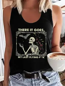 Women's Skeleton Print Scoop Neck Tank Top, Fashion Casual Sleeveless Graphic Top for Daily Outdoor Wear, Ladies Fall & Winter Clothes, Streetwear Tank Vest