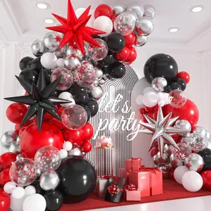 135-Piece Red, Black, White Balloon Arch Kit with Metallic Silver, Confetti & Star Balloons