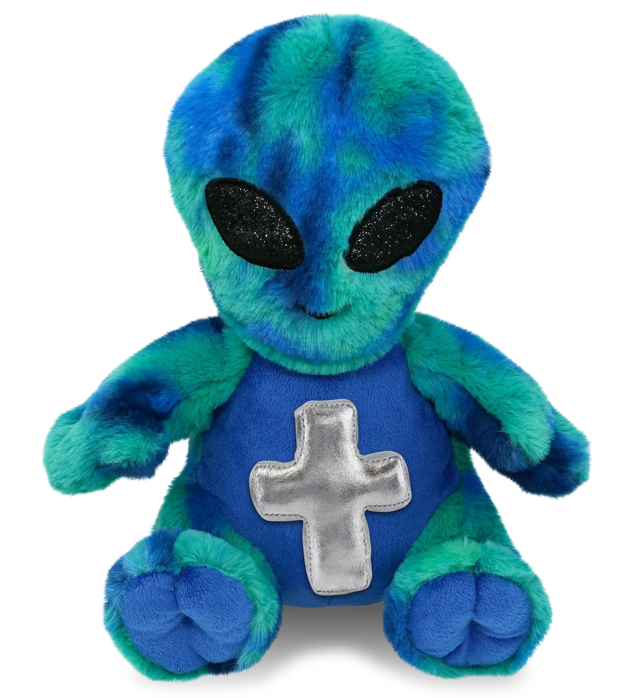 DOLLIBU 9" Super-Soft Blue Tie-Dye Alien Polyester Stuffed Doll Toy with Metallic Cross - Hand Wash, Dry-Friendly Kids' Religious Baptism Decor Plush Toy