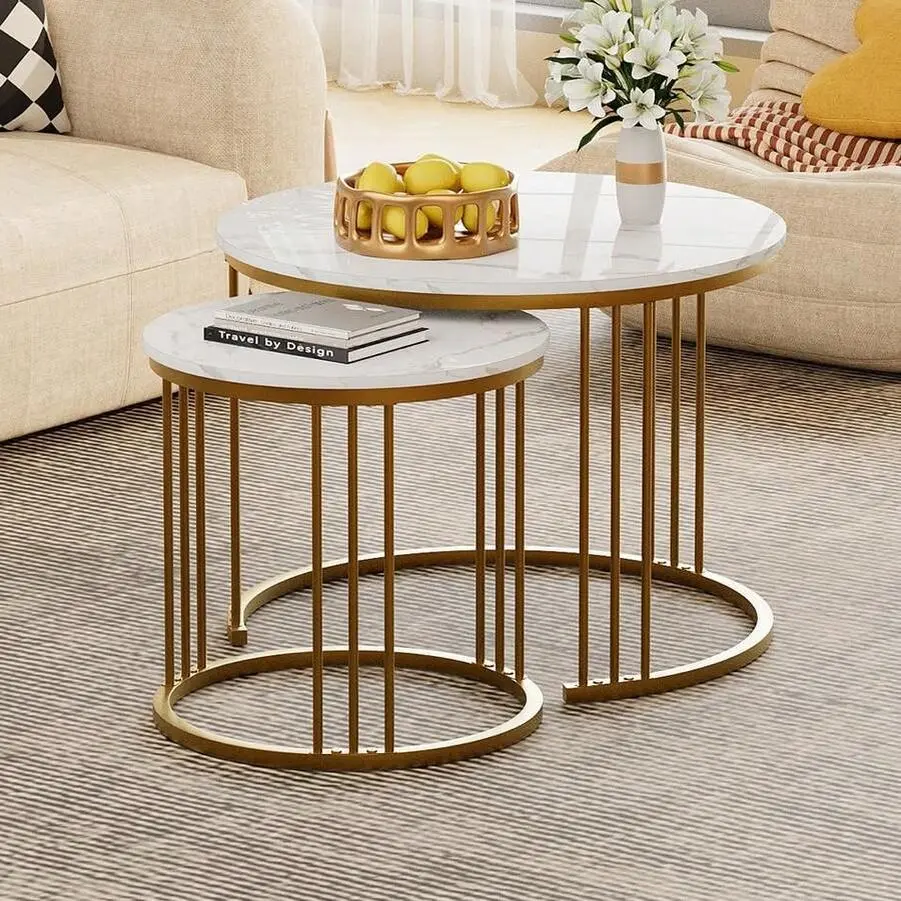 Round Faux Marble Nesting Table (2-Piece), Modern Indoor Furniture with MDF Top, Metal Base & Double Screws, White & Gold End/Side/Night Stand for Small Spaces, Marble Finish, Round Shape, Coffee Tables, Household