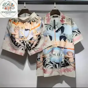 AMIRI Angel Cherub Hawaiian Shirt Shorts Set Men Women Baroque Floral Tropical Loose Beach Vacation Outfit Summer 2025 Aloha Matching Co-ord Set