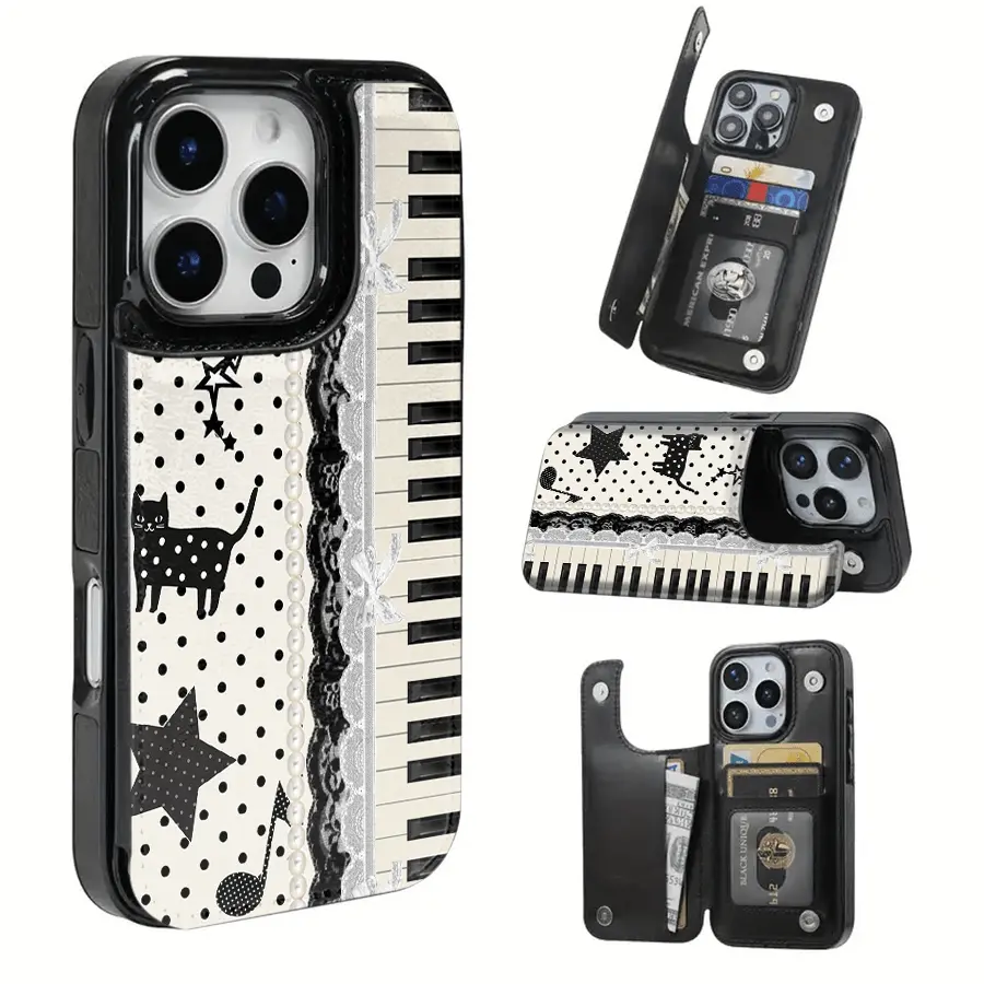 Mobile phone case: piano, star, cat and music note texture card pack mobile phone case, compatible with iPhone 17 Pro Max/Air/16/15/14/13/12/11 series and Samsung S22/S23/S24/25 series, gift