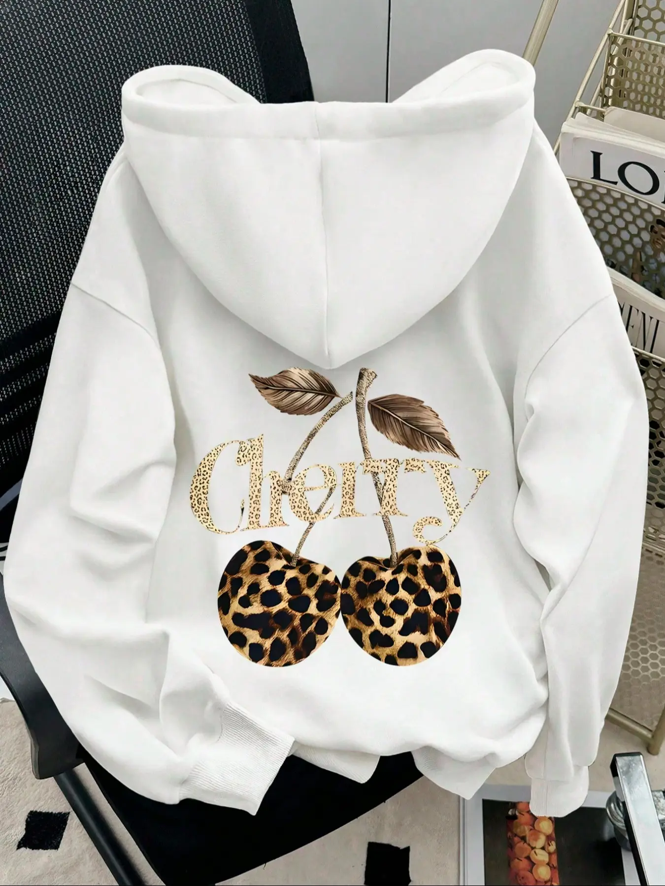 Women's Leopard Print Cherry Hoodie, Casual Loose Fit Drop Shoulder Sweatshirt, Drawstring Pocket, Fall Winter Fashion